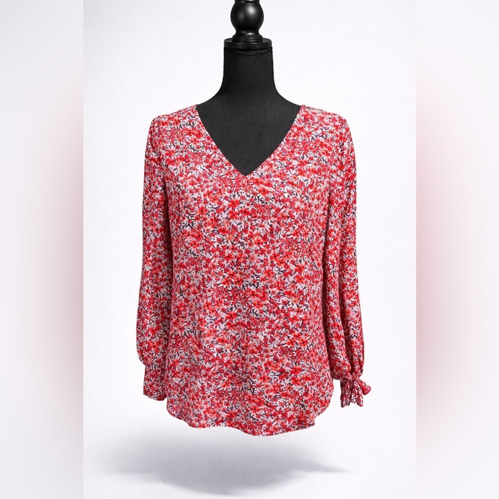 Red Floral V Neck Blouse Size Large
